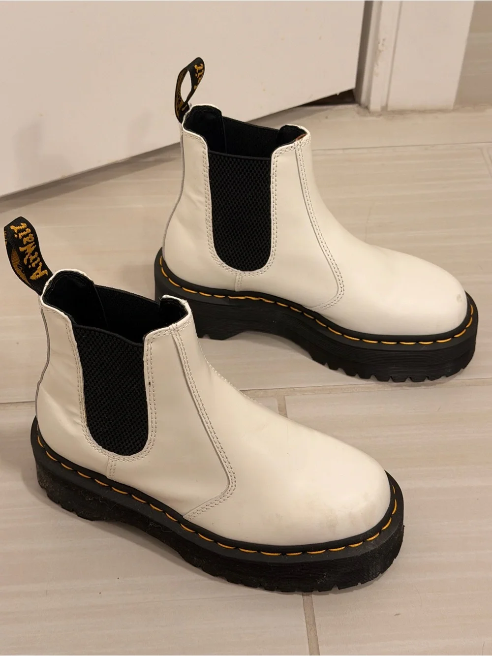 Dr. Martens White Leather Chelsea Platform Boots with Black Soles